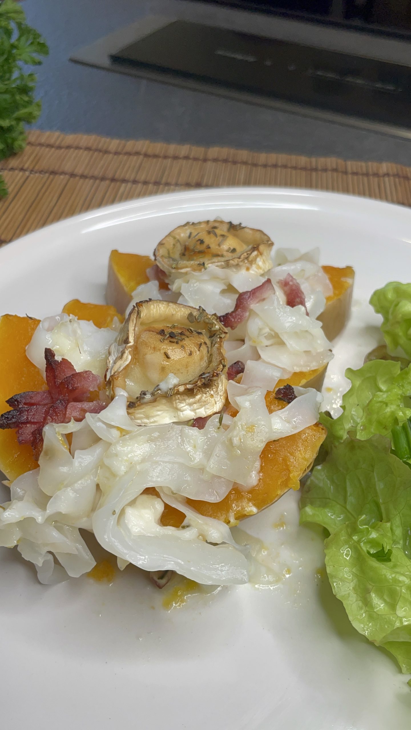 Butternut, lardons, chèvre, tagliatelles de konjac